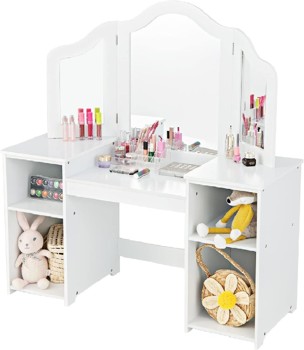 INFANS Kids Vanity, 2 in 1 Princess Makeup Desk Set with Tri-Folding Detachable Mirror, Large Storage Shelves, Wooden Dressing Table,Pretend Play Vanity Set for Girls