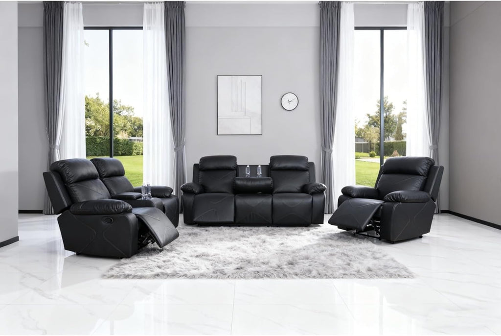 Recliner Sofa Set, Breathing Leather Living Room Reclining Couch with Storage Console, Cup Holders and Convertible Coffee Table, Adjustable Backrest Recliner Couch for Home Theater, Black