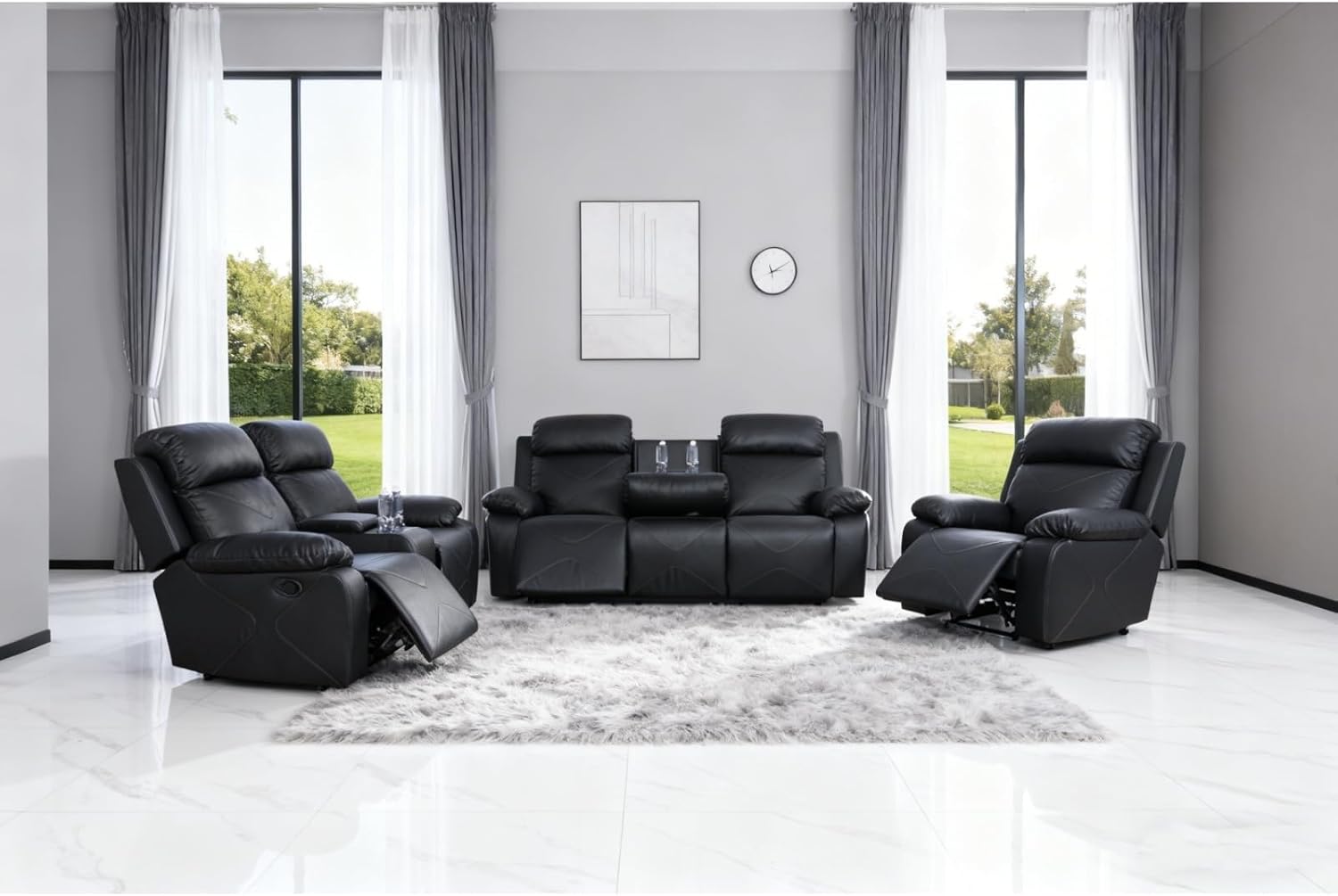 Recliner Sofa Set, Breathing Leather Living Room Reclining Couch with Storage Console, Cup Holders and Convertible Coffee Table, Adjustable Backrest Recliner Couch for Home Theater, Black