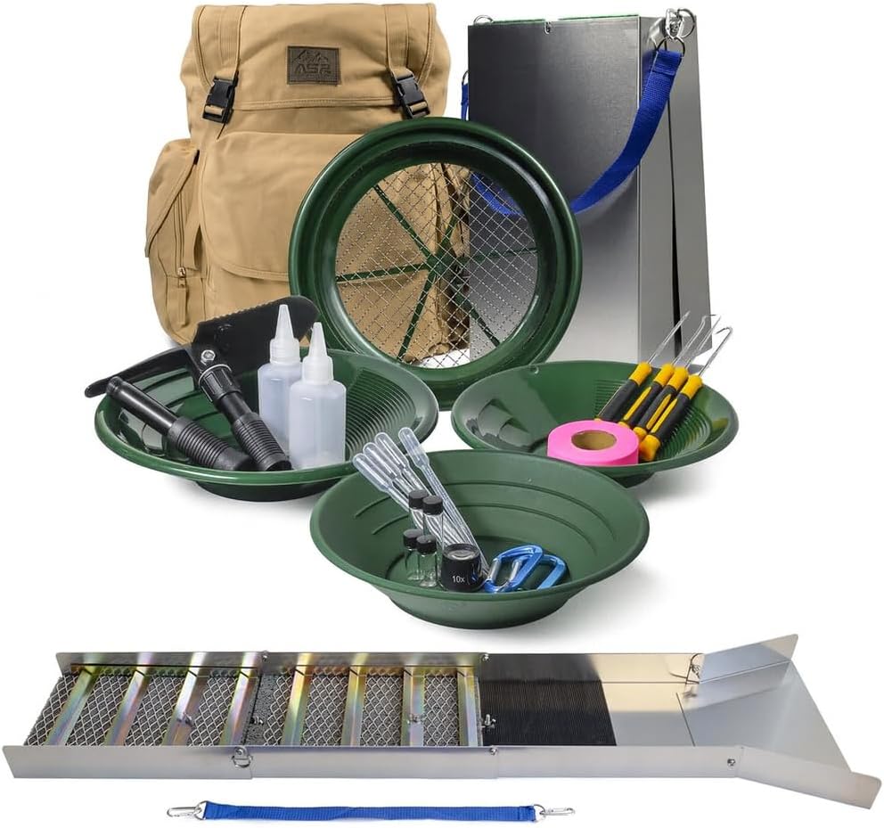ASR Outdoor 24pc Deluxe 50' Backpack Folding Gold Sluice Box Kit Gold Prospecting Equipment Set, Khaki