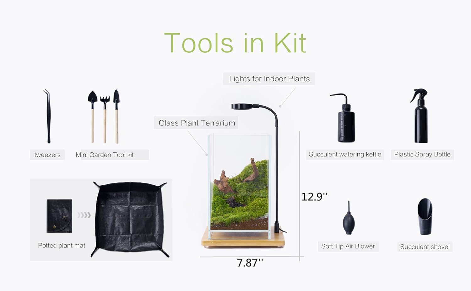 27 PCS Glass Plant Terrarium Kit with LED Grow Light– DIY Moss Terrarium Kit for Adults, Mini Garden Set for Succulent, Real Live Moss, and Air Plants – Home Office Decoration & Unique Gift fo Friend