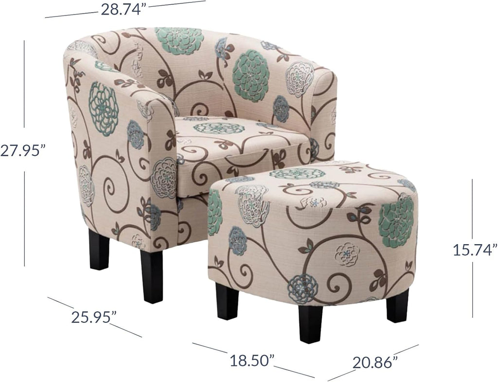 BELLEZE Accent Ottoman Set, Modern Upholstered Curved Back Chair, Barrel Round Tub Reading Chair and Footrest for Living Room Bedroom - Floral Beige/Linen