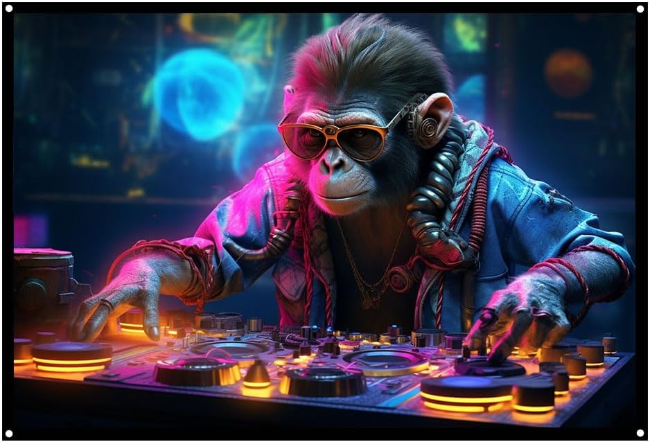 Cyberpunk Monkey DJ, UV tapestry, Blacklight Reactive Wall Hanging, Neon Backdrop, Party Decor, Psychedelic Tapestry, Visionary Wall Art (Large)