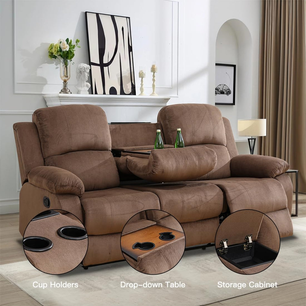 Living Room Furniture Set, Manual Reclining Sofa Set, Brown Corduroy Recliner Couch Sets with Drop-Down Table, Recliner Sofa with Storage Console/Cup Holder for Living Room/Apartment