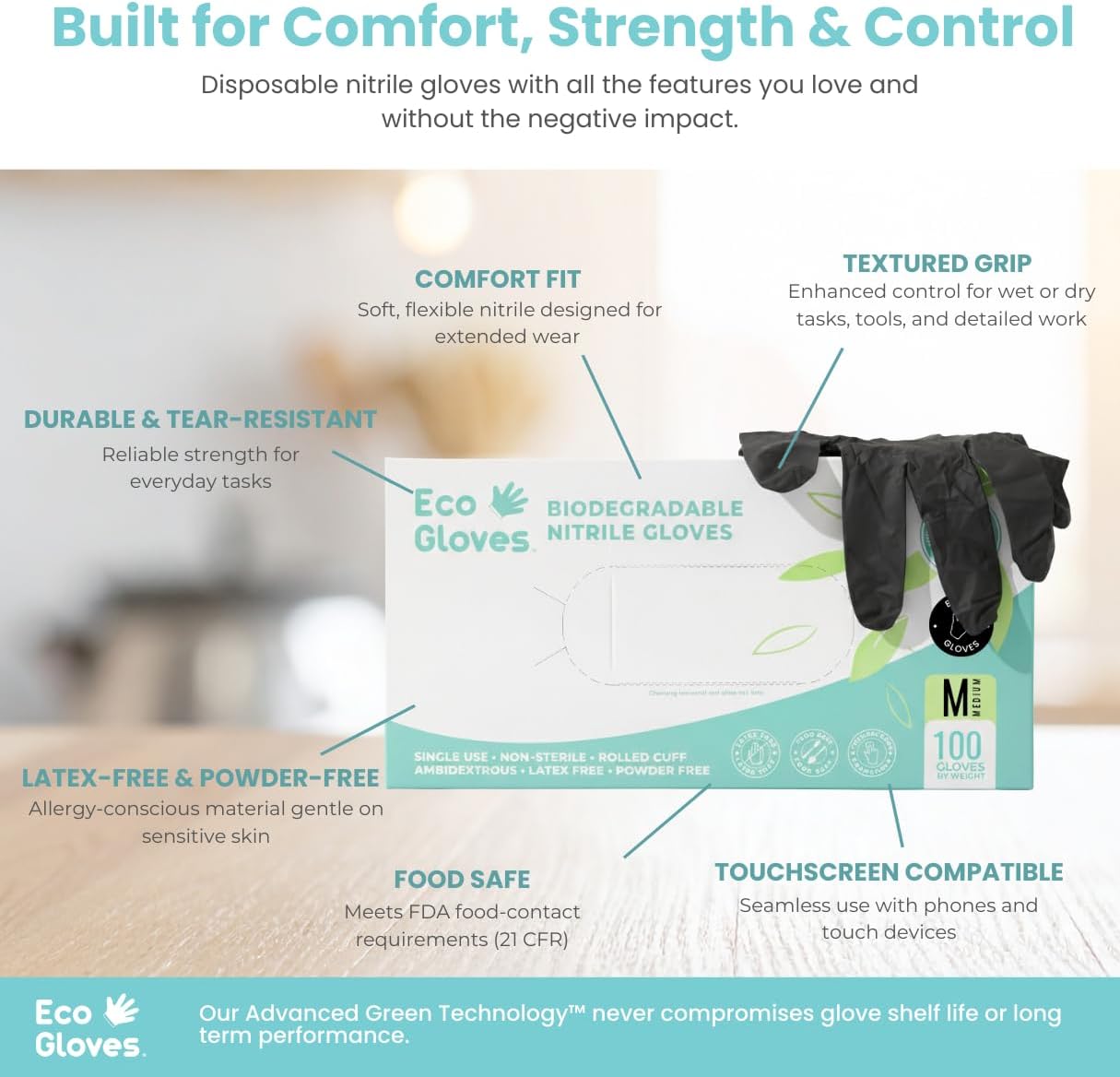 Eco Gloves Biodegradable BLACK Nitrile Disposable Gloves, 4 Mil, Powder Free, Latex Free, Food Safe, Cleaning