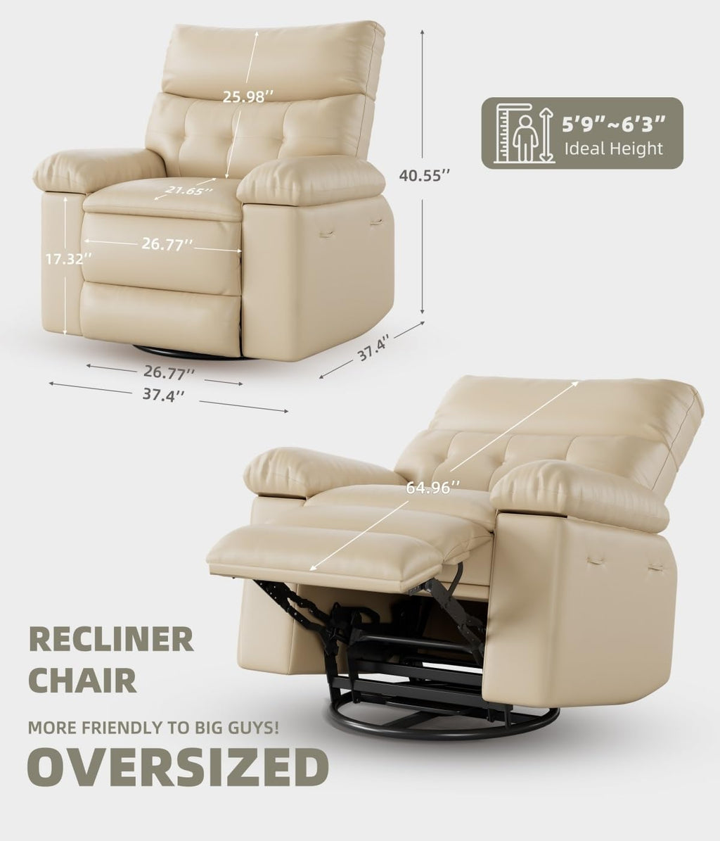 GarveeHome Oversized 27' Recliner Chairs, Classic Manual Leather Recliner, Home Theater Seating with Lumbar & Arms Support for Living Room, Bedroom and Nursery - Beige