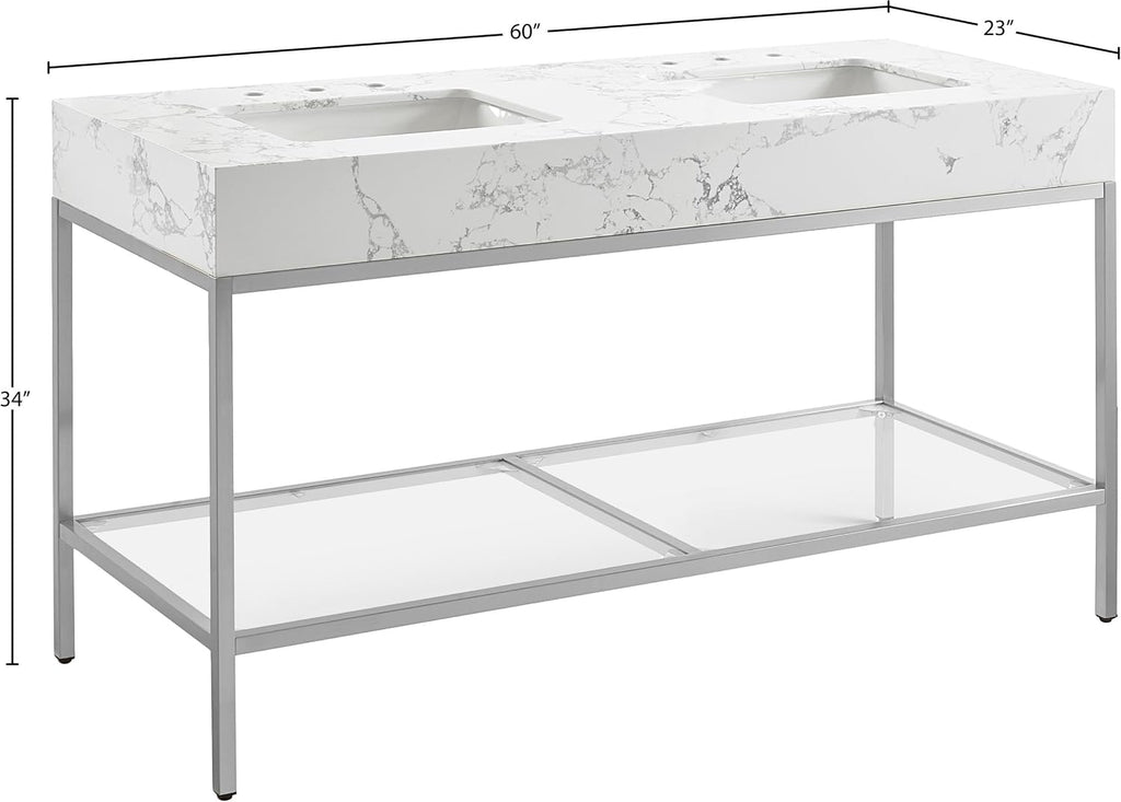 Meridian Furniture 408White-60 Marmo Collection Modern | Contemporary Bathroom Vanity with White Engineered Stone with Grey Veining, Brushed Chrome Stainless Steel Base, 60' W x 23' D x 34' H, White