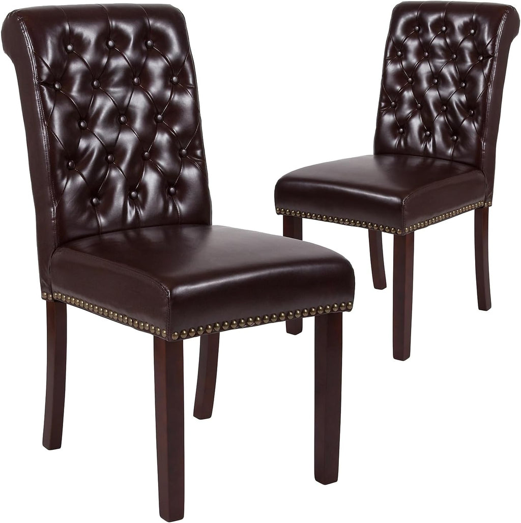 Flash Furniture Set of 2 HERCULES Series Brown LeatherSoft Parsons Chair with Rolled Back, Accent Nail Trim and Walnut Finish