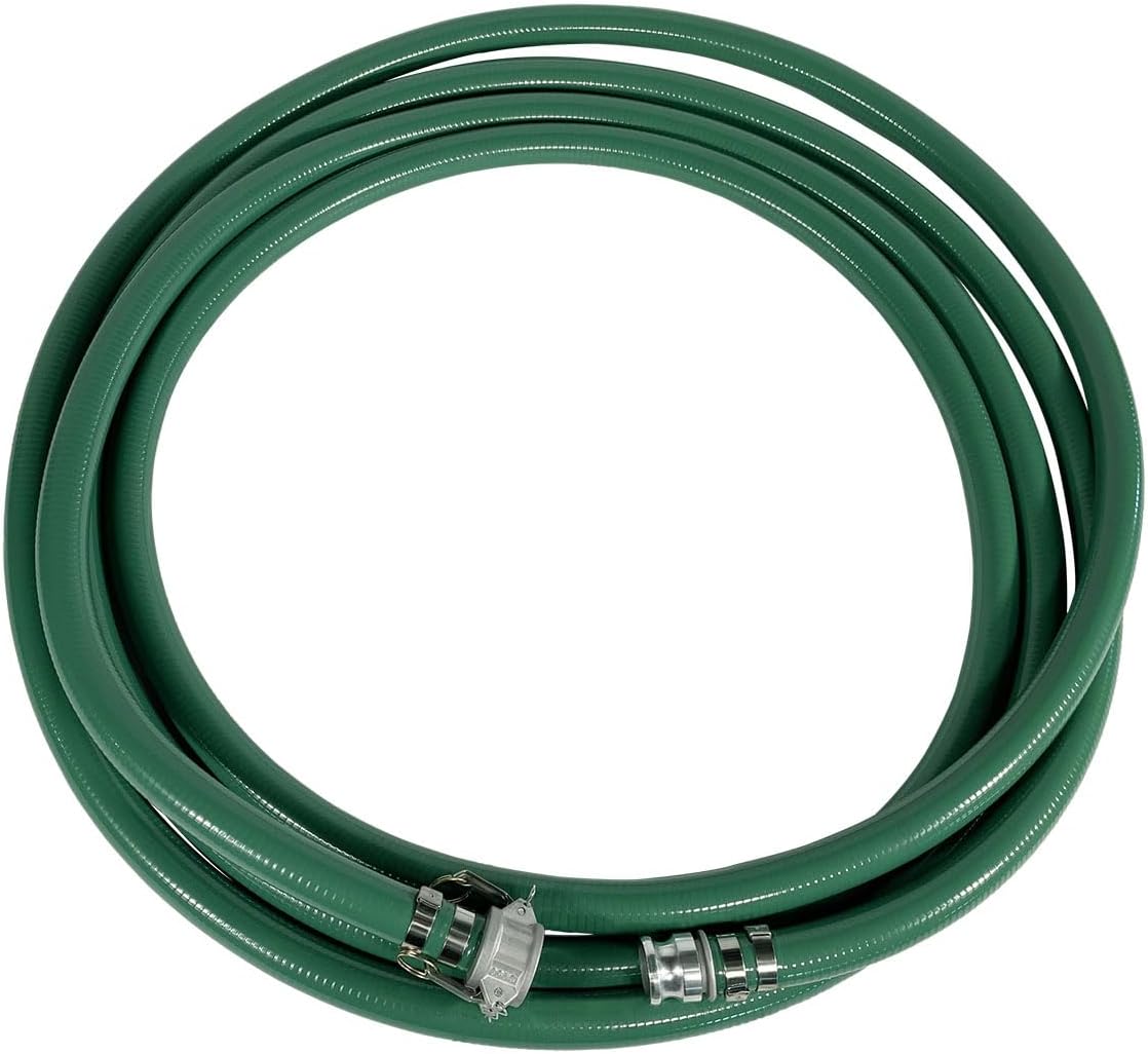 Gloxco Heavy Duty Green PVC Suction Hose Assembly for Water Transfer, 1-1/2' Inside Diameter, Installed Male x Female Cam and Groove Fittings, 33 ft Length