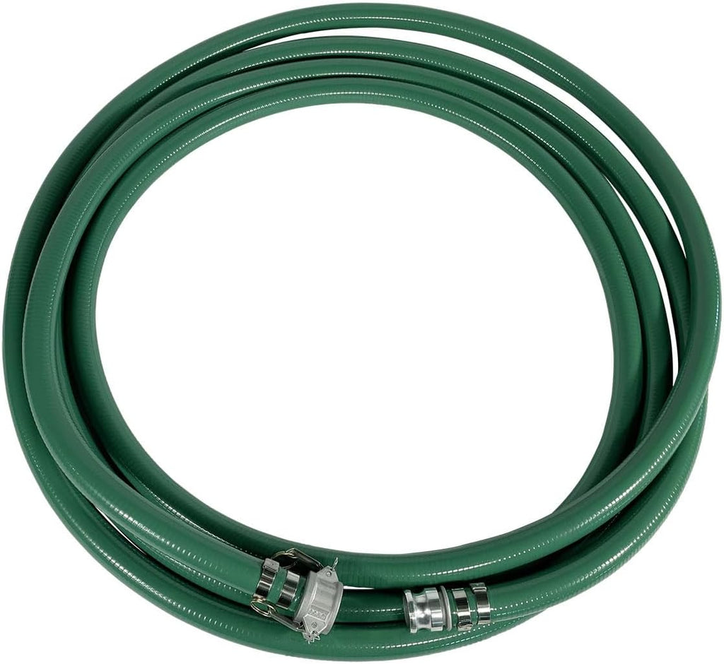Gloxco Heavy Duty Green PVC Suction Hose Assembly for Water Transfer, 1-1/2' Inside Diameter, Installed Male x Female Cam and Groove Fittings, 40 ft Length