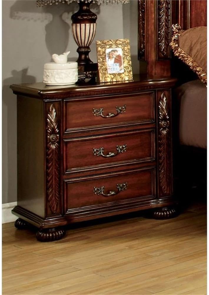 Furniture of America Caldara ‎Traditional 3-Drawer Wood Nightstand, Bedside Table for Bedroom, Home Office, Brown Cherry