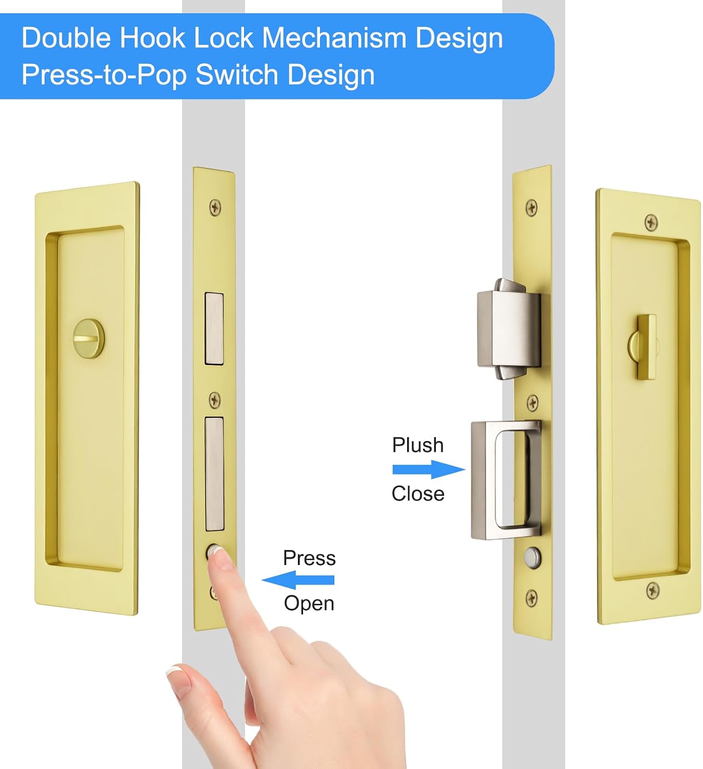 Rectangular Privacy Pocket Door Mortise Lock and Edge Pull, Narrow Modern Sliding Door Pop-Up Handle, (Bed/Bath) Pull Latch, Recessed Hardware for 1 3/8' to 2 3/16' Thickness Door (Satin Brass)