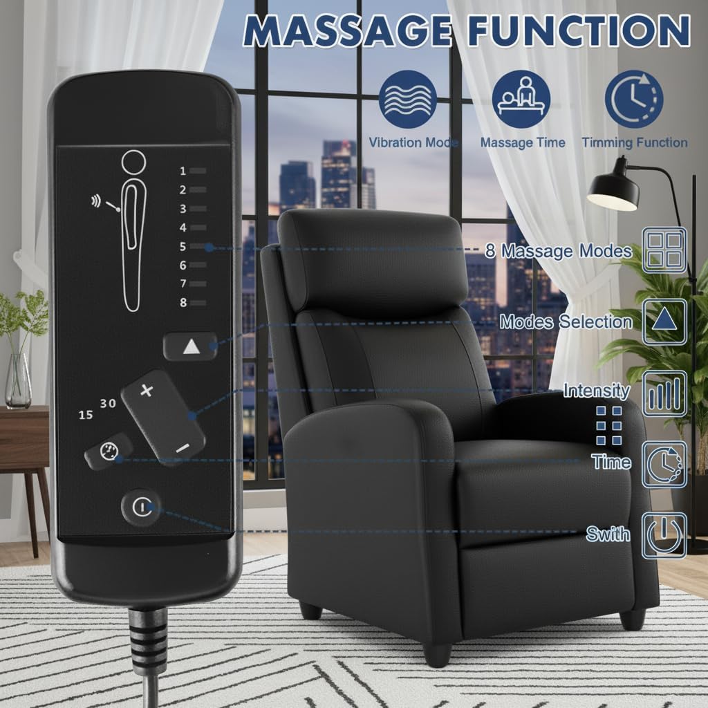 Simple Deluxe Massage Recliner Chair - Adjustable PU Leather Recliner, Luxe Reading Chair & Sofa Chair for Living Room Chairs or Bedroom Chair, Small Recliner for Home Theater, Black
