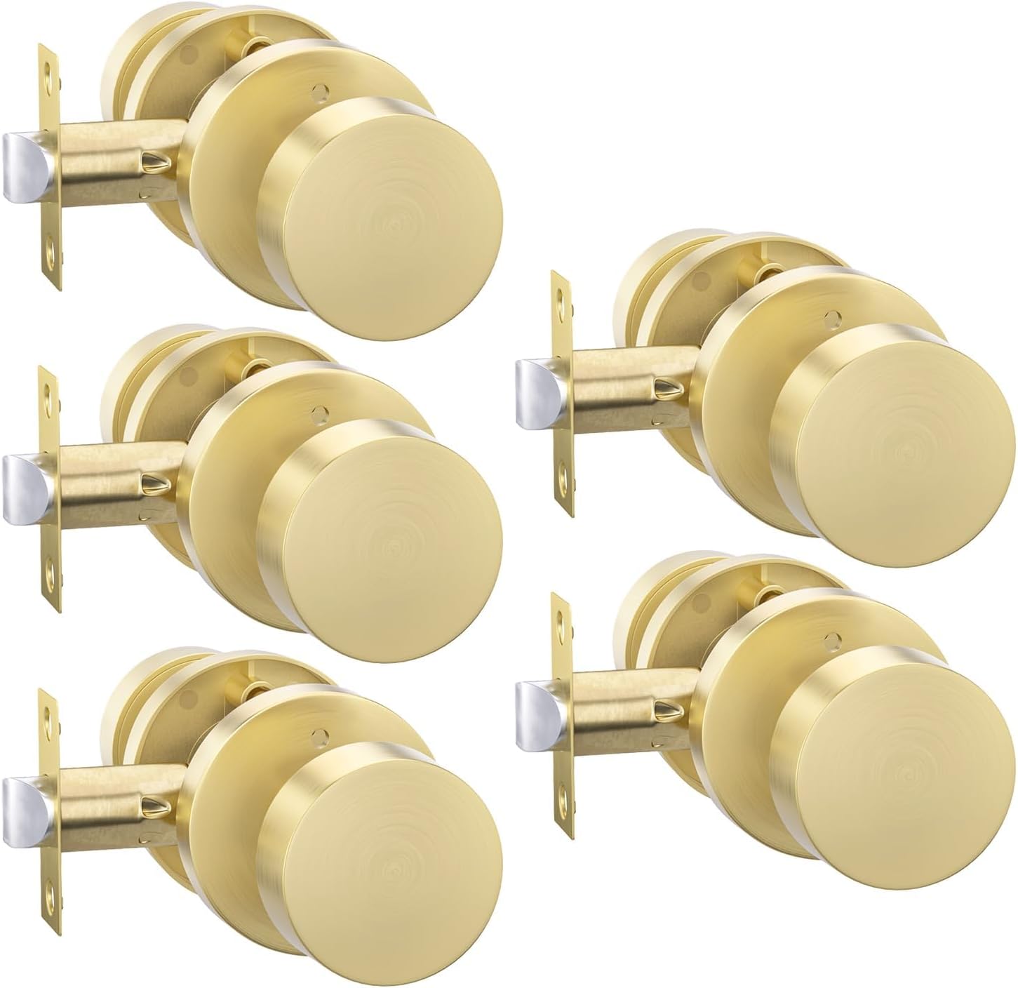 Goldenwarm Gold Door Knobs Interior, Zinc Alloy Brushed Gold Privacy Door Knob, Interior Door Knobs for Bedroom, Bathroom, Brushed Brass Indoor Door Knob, Heavy Duty Round Ball (5 Pack)