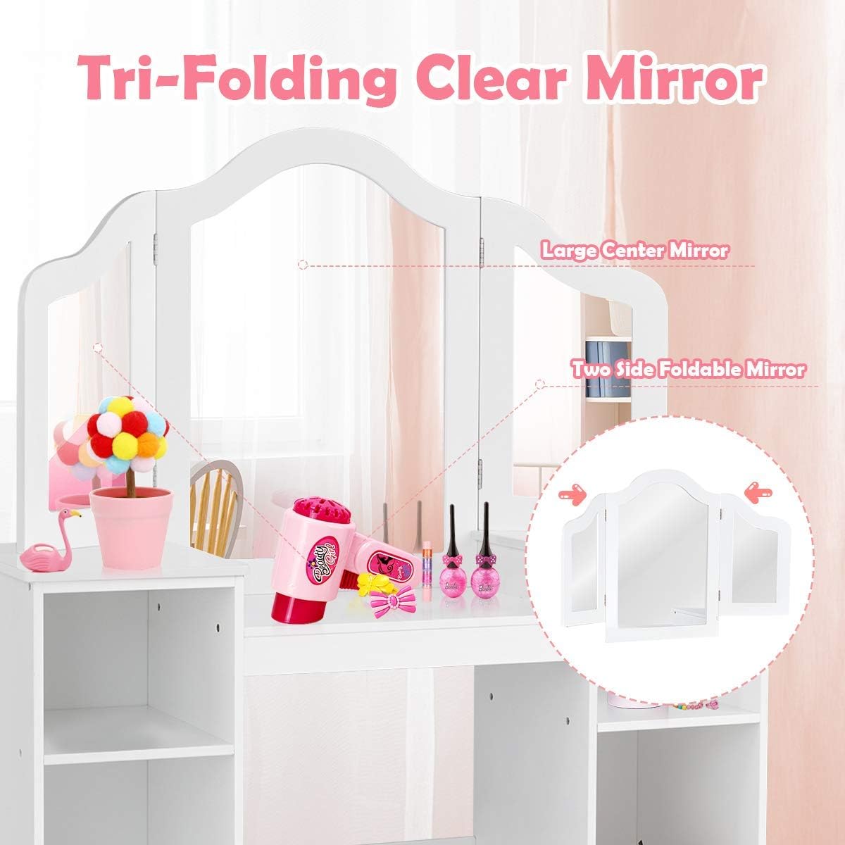 AKUSTIK Kids Vanity, 2 in 1 White Wooden Dressing Table for Toddlers with Tri-Folding Detachable Mirror, Storage Shelves, Pretend Princess Beauty Make Up Play Set for Little Girls