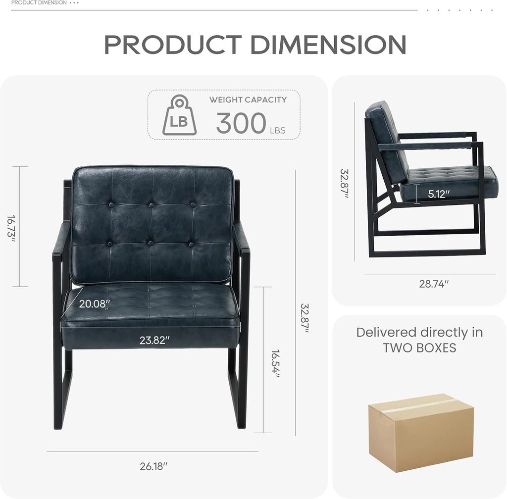MALOL Accent Chairs Set of 2, Modern Accent Arm Chairs for Living Room, Comfy Leather Armchairs with Metal Legs for Bedroom Reception Room, Blue