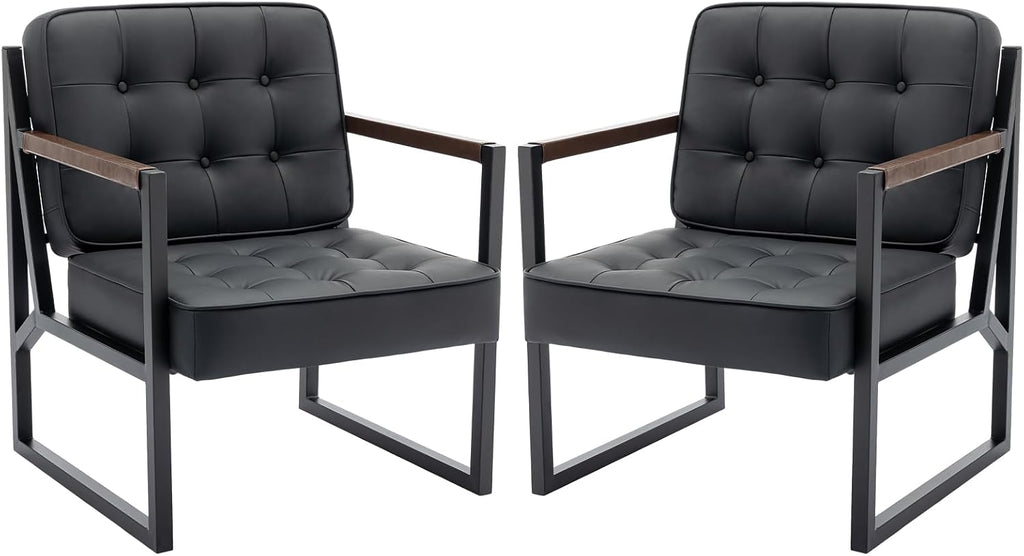 MALOL Mid Century Modern Accent Chair Set of 2, Comfy Living Room Chair, Black Leather Accent Chair, Faux Leather Reception Armchair with Metal Legs for Living Room Bedroom Reception Office, Black