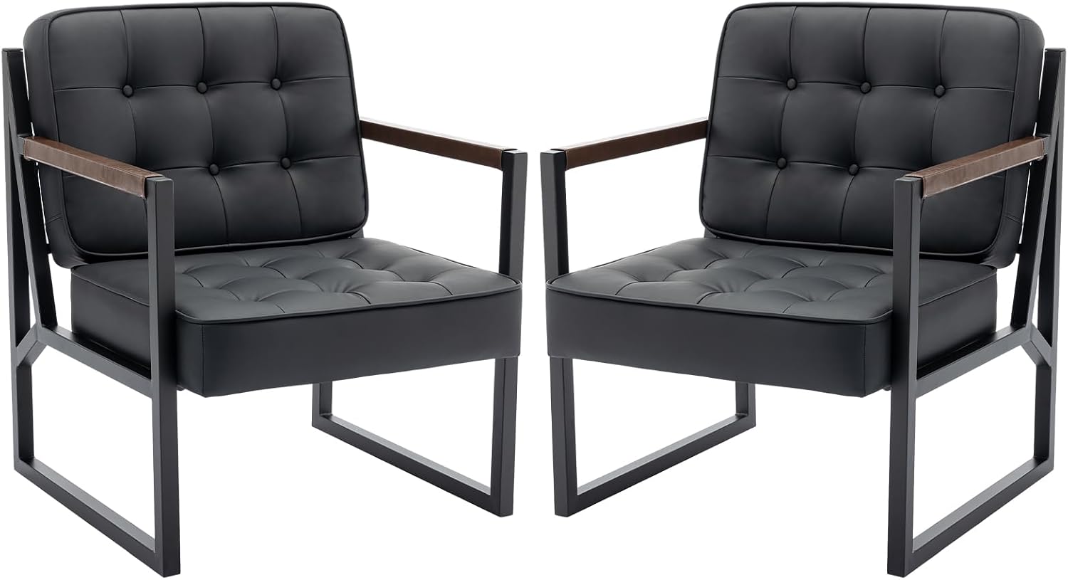 MALOL Mid Century Modern Accent Chair Set of 2, Comfy Living Room Chair, Black Leather Accent Chair, Faux Leather Reception Armchair with Metal Legs for Living Room Bedroom Reception Office, Black