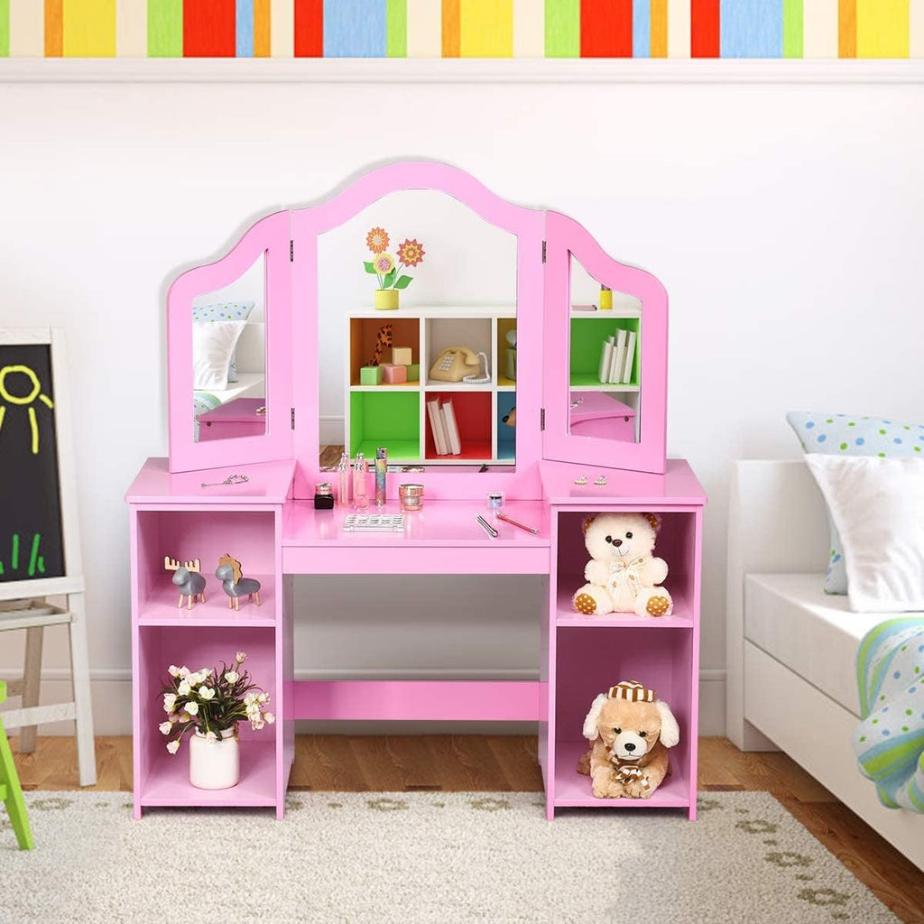 AKUSTIK Kids Vanity, 2 in 1 Pink Wooden Dressing Table for Toddlers with Tri-Folding Detachable Mirror, Storage Shelves, Pretend Princess Beauty Make Up Play Set for Little Girls