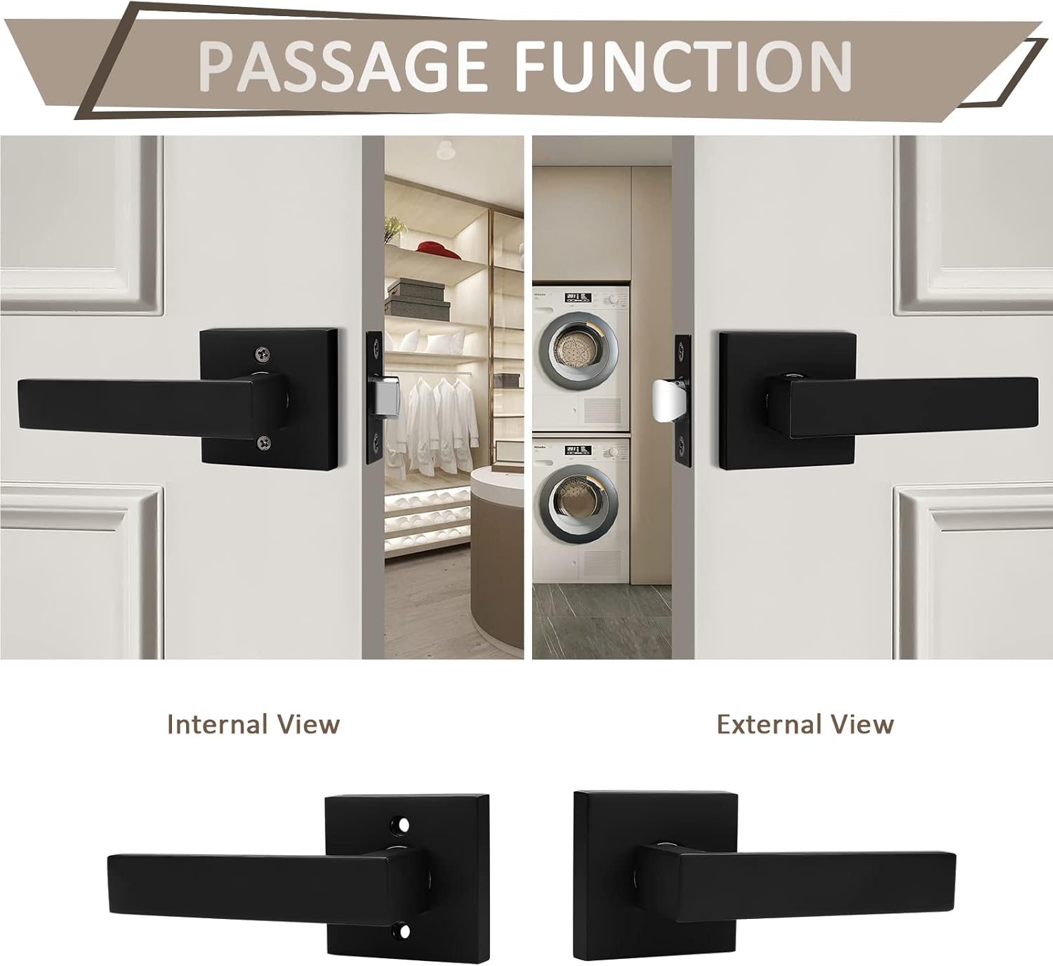 Probrico 8 Pack Black Passage Door Levers Square Lever Non-Locking Lever Set Interior Keyless Door Handles Door Lock Doorknobs for Hallway Closet