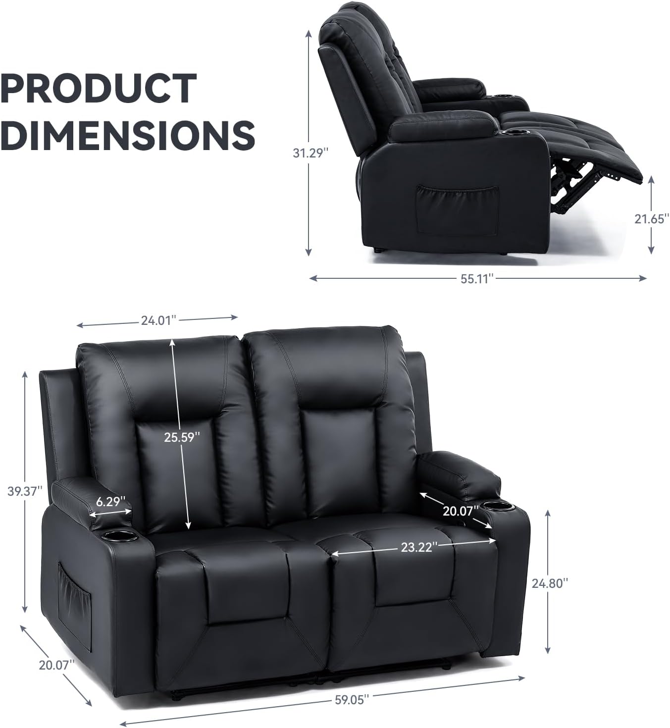 COMHOMA Living Room Furniture Set,Bonded Leather Loveseat Sofa with Cup Holder Recliner Chair,Black
