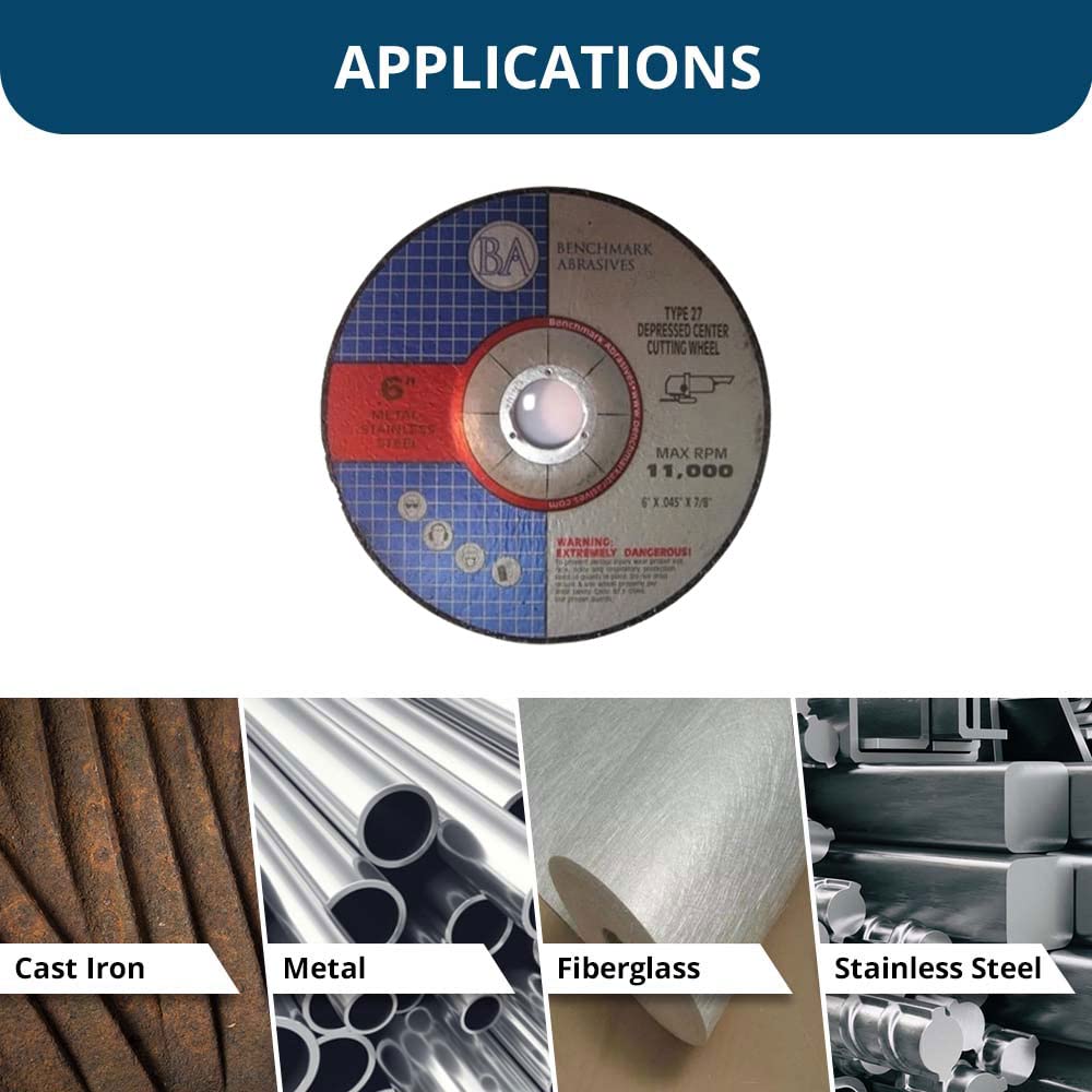 Benchmark Abrasives Grinder Cut Off Wheels 6 Inch Aluminum Oxide Depressed Center Thin Type 27 for Metals, .045' Thick 7/8' Arbor, Angle Grinder Cutting Disc, Grinding Cutting Wheel - 100 Pack