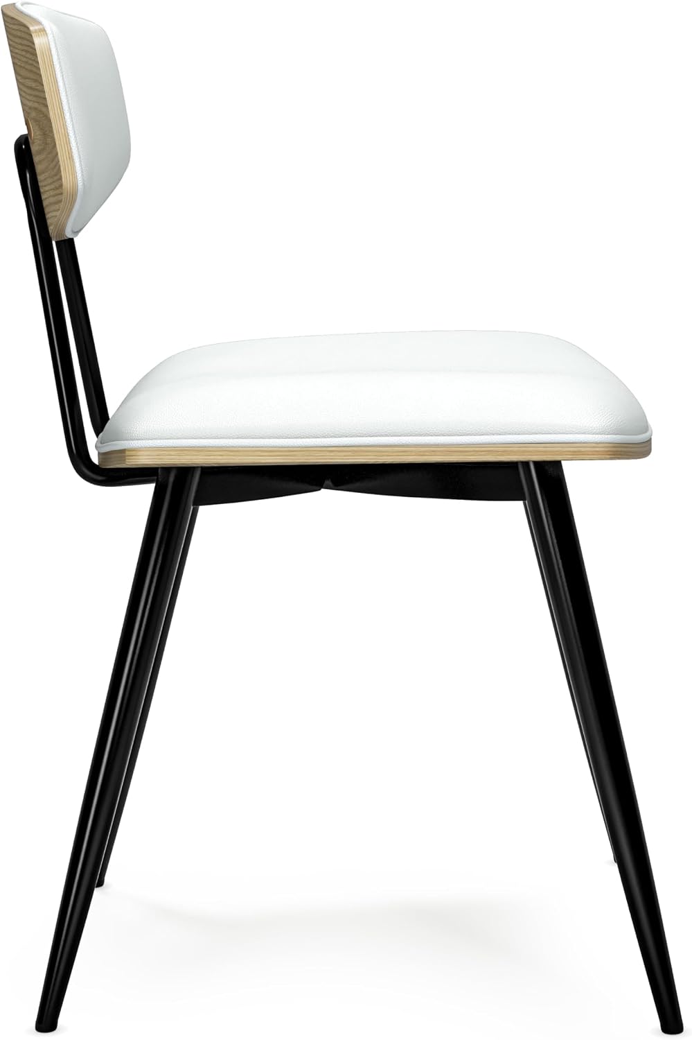 SIMPLIHOME Mavis Dining Chairs - Mid-Century Modern Iron Frame and Vegan Faux Leather Kitchen Chair Set in White, Dining Room Seating with Curved Wood Veneer Backrest and Padded Seat (Set of 2)