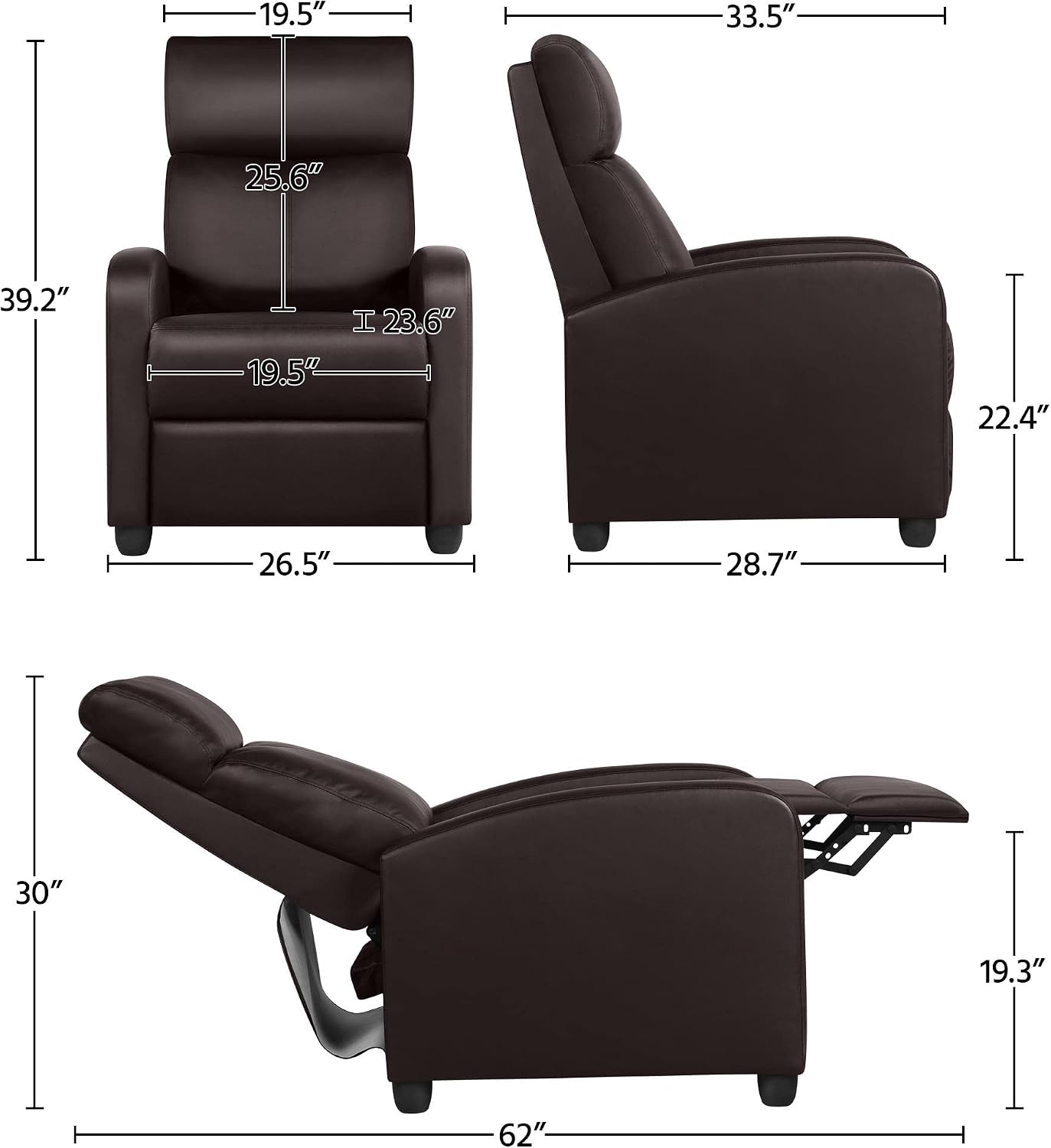 Topeakmart PU Leather Recliner Chair Living Room Single Sofa Home Theater Seating with Lumbar Support Overstuffed High-Density Sponge Manual Push Back Recliners Brown