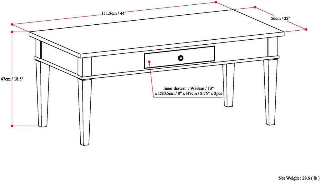 SIMPLIHOME Carlton Coffee Table - 44 inch Wide Solid Wood Transitional Cocktail Table in Dark Tobacco Brown, Classic Living Room Table with Open Storage Shelf and Clean-Lined Tapered Leg Design