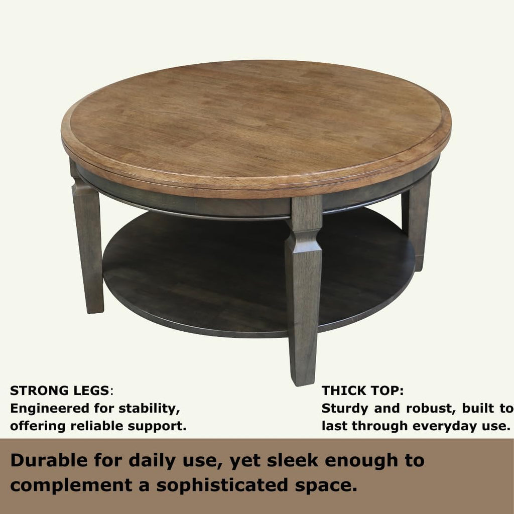 IC INTERNATIONAL CONCEPTS Vista Solid Wood Round Coffee Table in Hickory/Washed Coal