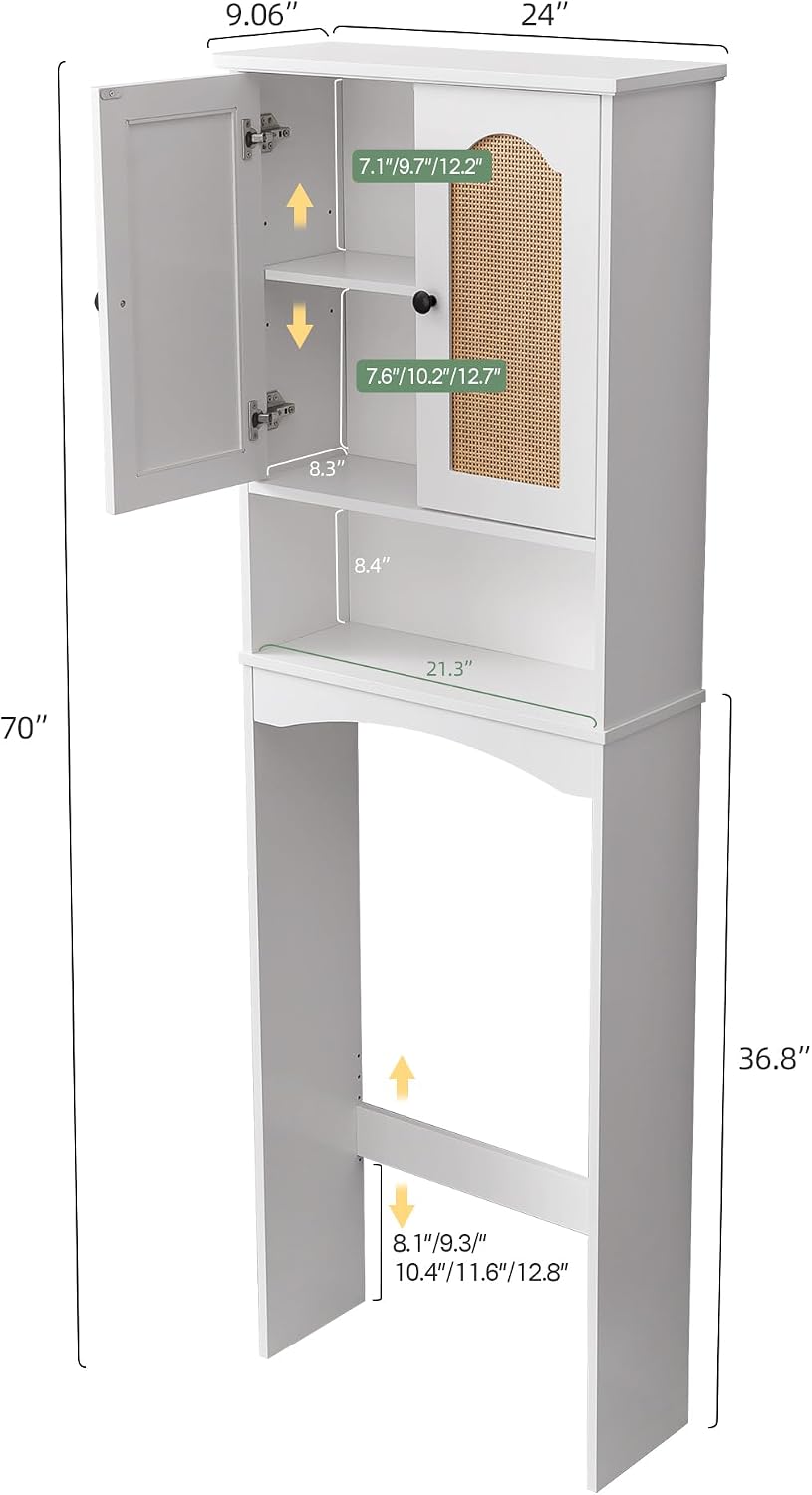 Over The Toilet Storage Cabinet with Rattan Doors, Boho Farmhouse Bathroom Organizer Over Toilet, 5-Level Adjustable Bottom Bar Fits Water Valve, 3 Adjustable Inner Shelves, White, 24'x70'