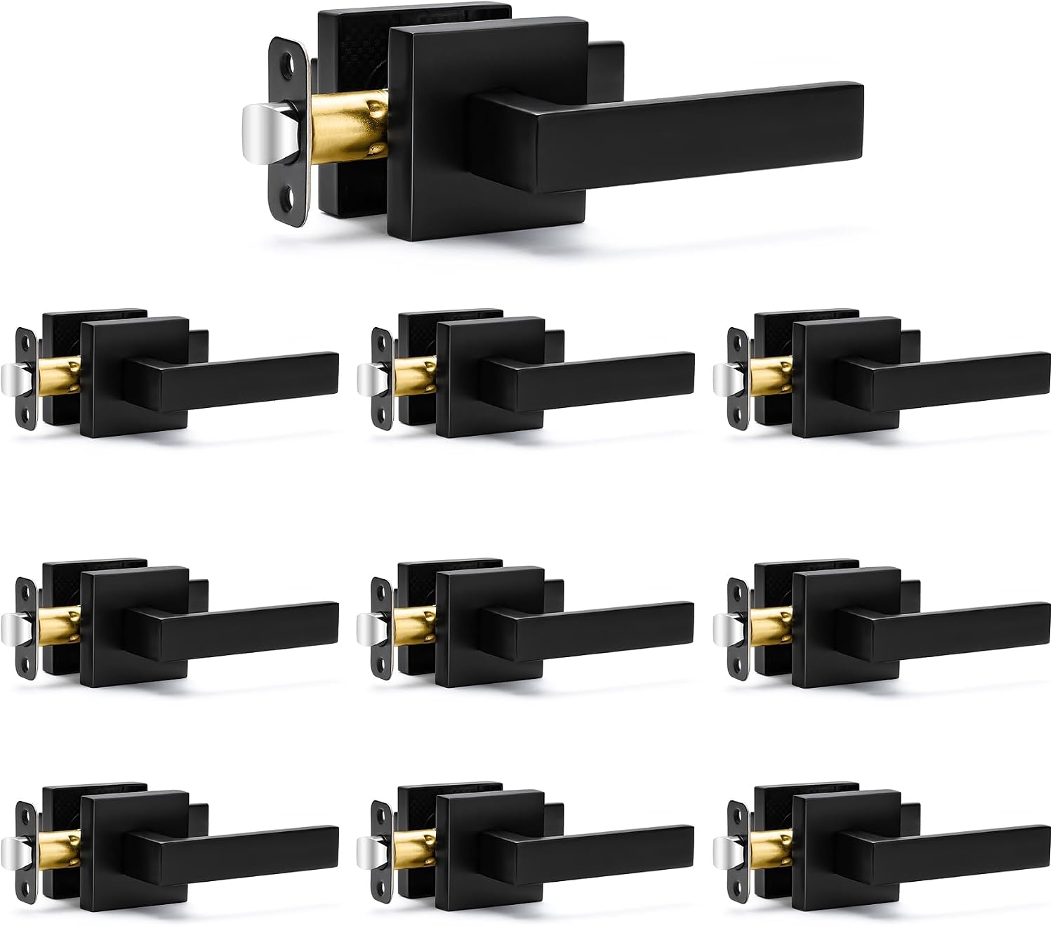 Sopoby 10 Pack Passage Door Handles Matte Black Door Knobs, Interior Door Knobs Square Heavy Duty Non-Locking Handlesets Hall Closet Handles, Reversible for Right & Left Sided Doors