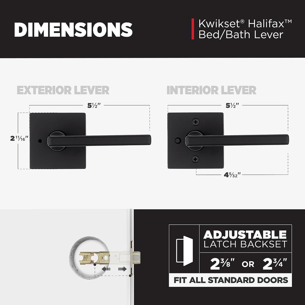 Kwikset Halifax Interior Privacy Door Handle with Lock,Door Lever for Bathroom and Bedroom,Matte Black Reversible Keyless Push Button Lock_Door Lever,with Microban Protection,Square Rose (Pack of 12)
