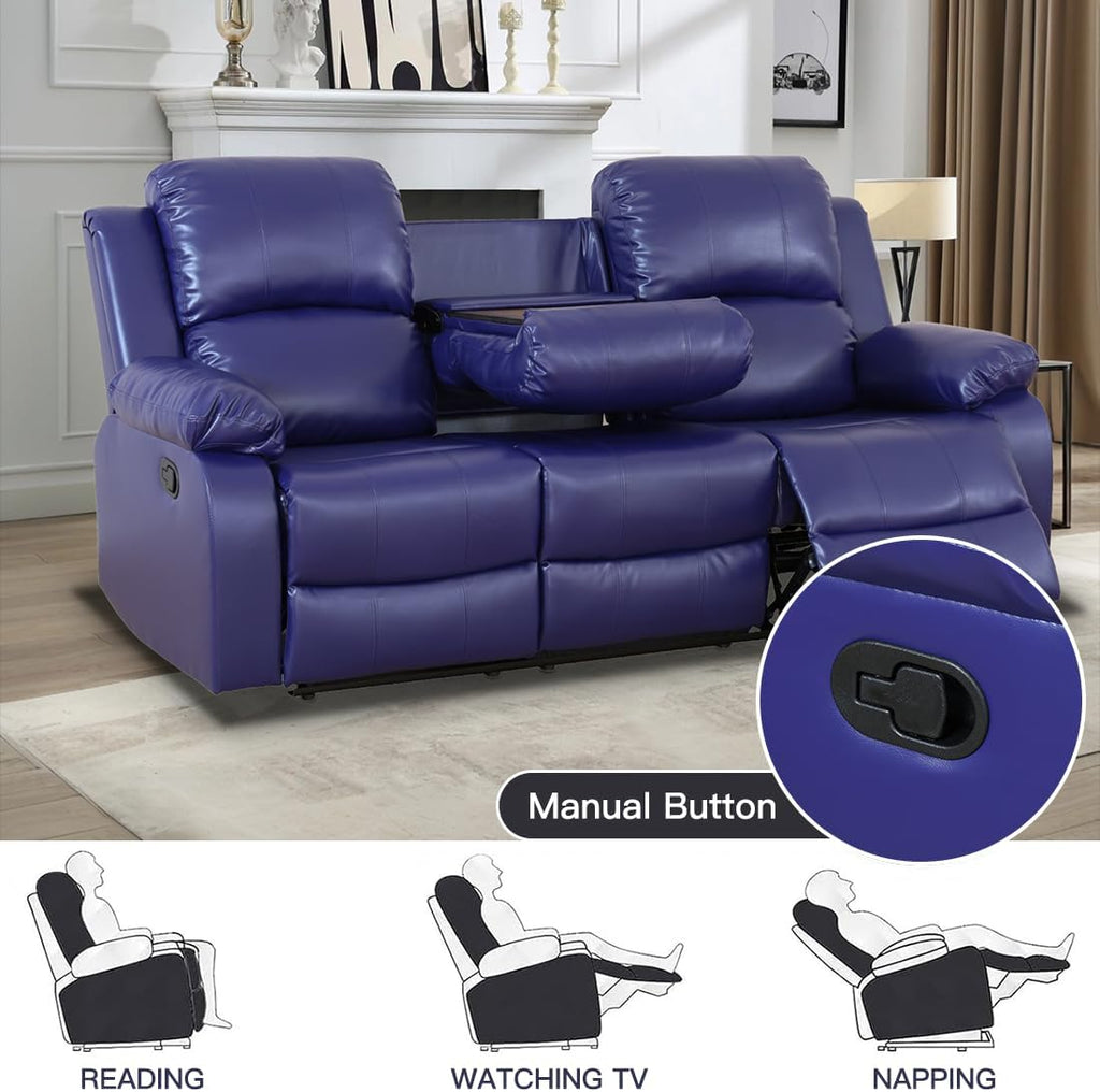 Living Room Furniture Set, Manual Reclining Sofa Set, Blue Leather Recliner Couch Sets with Drop-Down Table, Recliner Sofa with Storage Console/Cup Holder for Living Room/Apartment