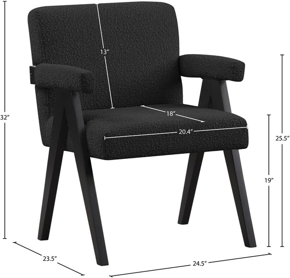 Meridian Furniture 481Black Woodloch Collection Mid-Century Modern Boucle Fabric Upholstered Accent Chair with Rich Black Boucle Fabric, Black Finish Solid Wood, 24.5' W x 23.5' D x 32' H, Black