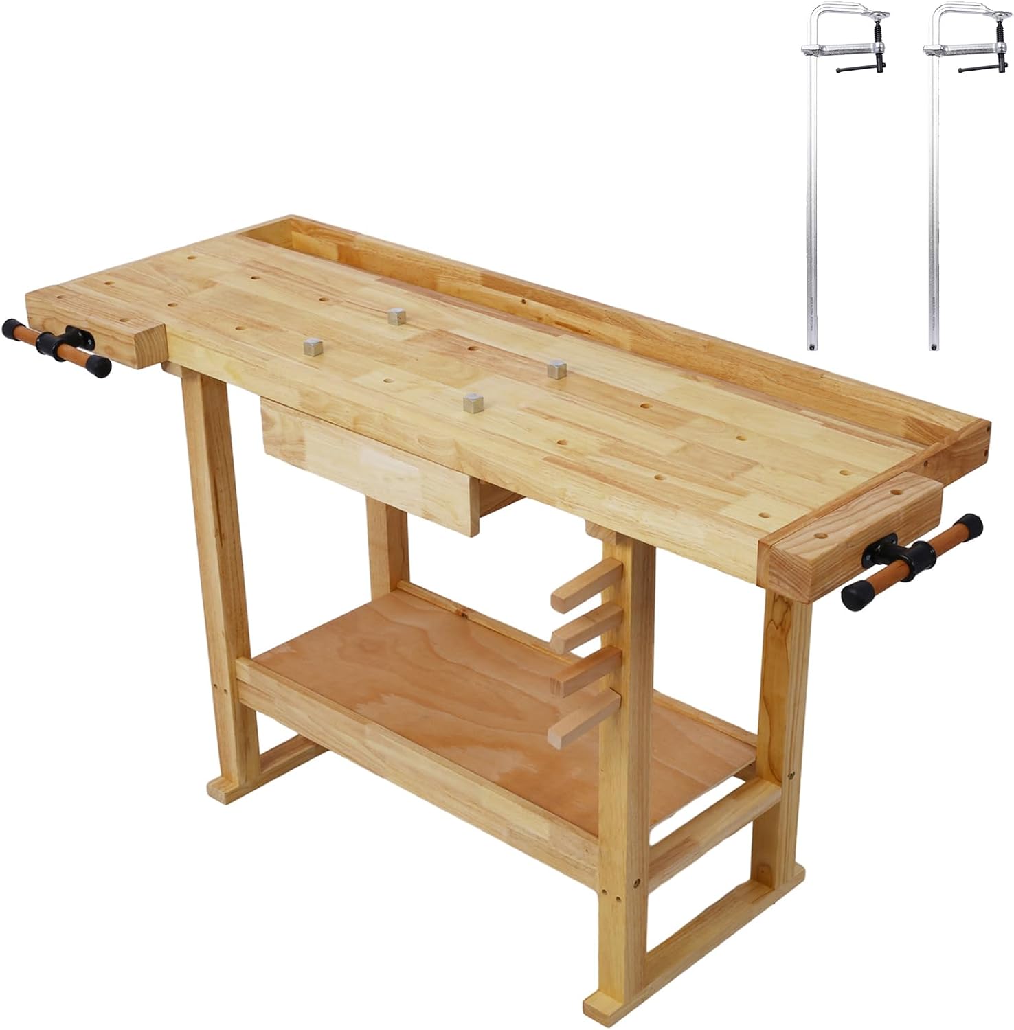 55-Inch Wood Workbench with Drawer - 330lbs Weight Capacity Heavy Duty Portable Wood Work Bench Table, with Bar Clamps Set 2Pcs 24' x 4-3/4' Throat, for Garage, Workshop, Home Storage