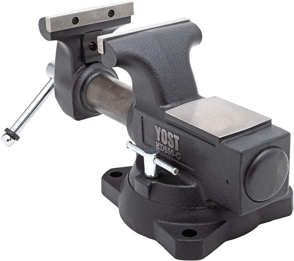Yost HD550-C Heavy Duty 5-1/2 Inch Mechanics Work Bench Vise | Heavy Duty Woodworking & Metal Work Table with Secure Grip Swivel Base | 60,000 PSI Casting Iron Material with Extra-large Anvil Surface