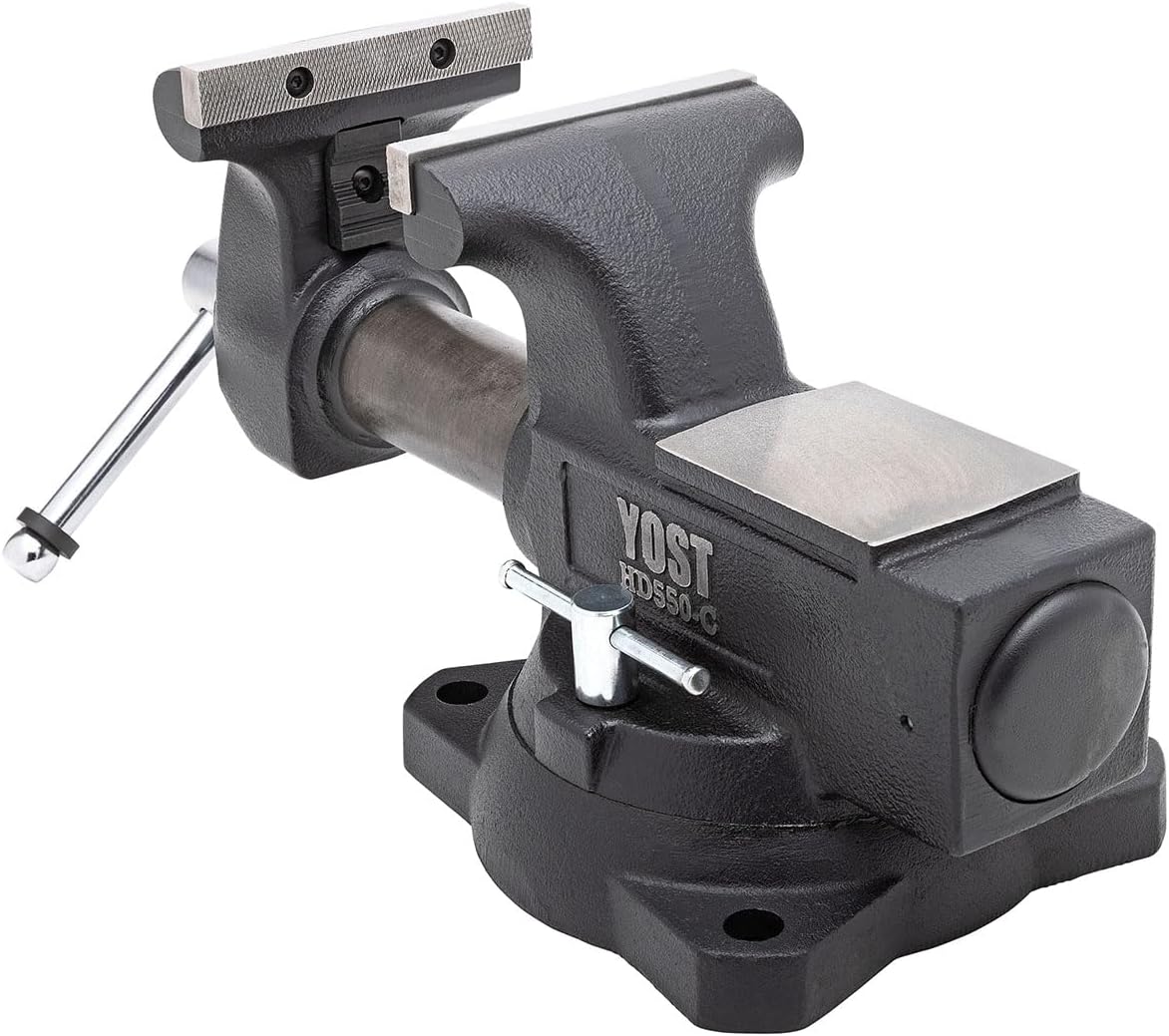 Yost HD550-C Heavy Duty 5-1/2 Inch Mechanics Work Bench Vise | Heavy Duty Woodworking & Metal Work Table with Secure Grip Swivel Base | 60,000 PSI Casting Iron Material with Extra-large Anvil Surface