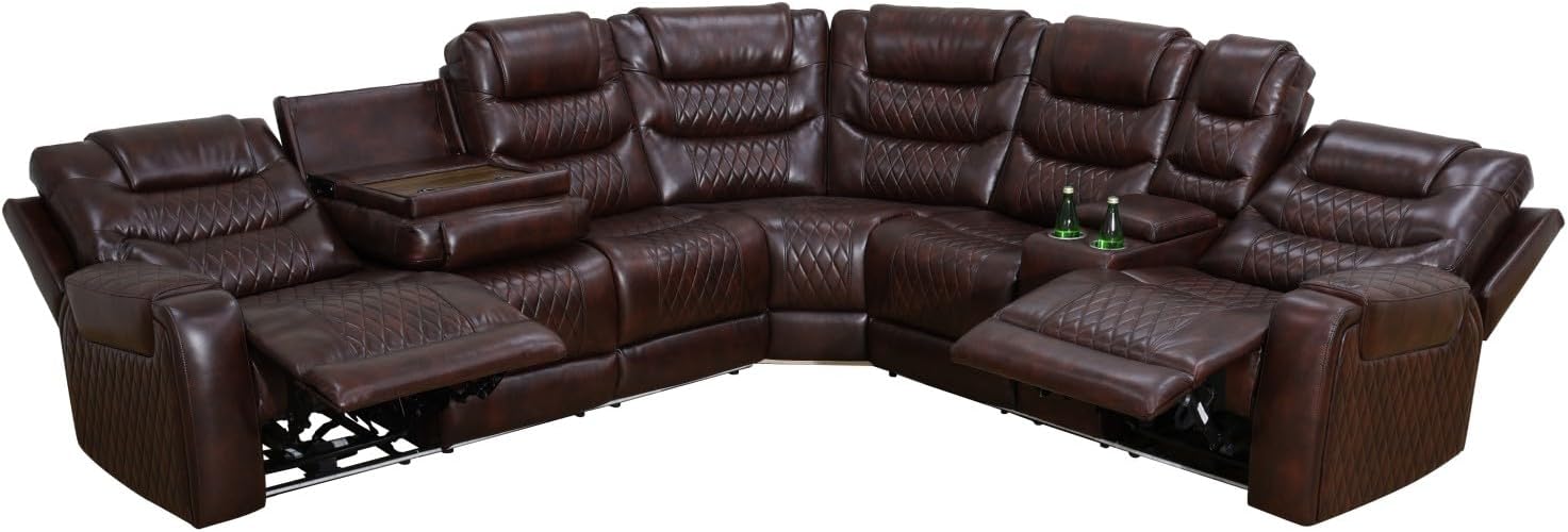 Reclining Sectional, Power Sectional Couch, Leather Sofa Set for Living Room, Comfy Home Theater Seating with USB 2.0 Charging Ports, LED Light Strips, Fold-Down Table & Cupholders (Brown, 3-Piece)