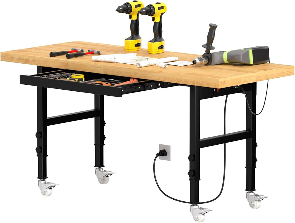 60' Heavy-Duty Solid Wood Work Bench with Drawers, Adjustable Height Workbench with Wheels, 2000 LBS Capacity Work Table with Power Outlets for Garage, Workshop(60' X 24')