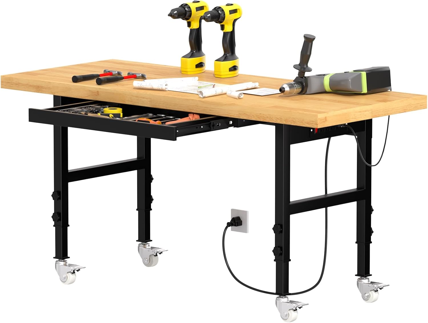 60' Heavy-Duty Solid Wood Work Bench with Drawers, Adjustable Height Workbench with Wheels, 2000 LBS Capacity Work Table with Power Outlets for Garage, Workshop(60' X 24')