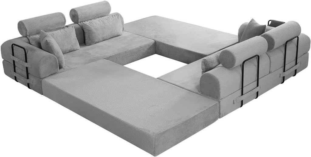 KEIKI 6-in-1 Folding Convertible High Back Sofa Sleeper, 106' Oversized Modular Sectional Corduroy UpholsteredL Shape Couches for Living Room, High-Density Foam Chaise Lounge Indoor, Light Gray