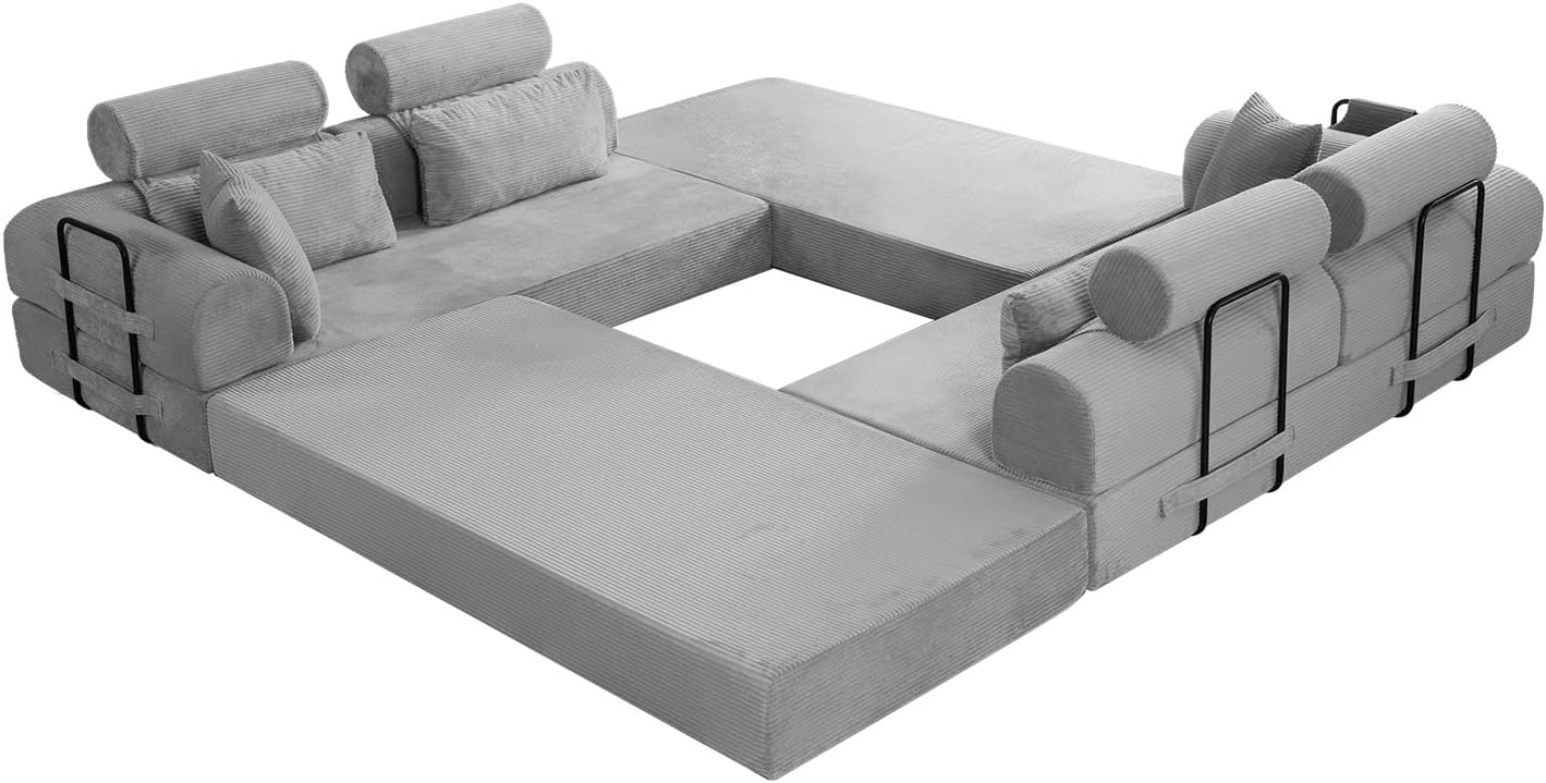 KEIKI 6-in-1 Folding Convertible High Back Sofa Sleeper, 106' Oversized Modular Sectional Corduroy UpholsteredL Shape Couches for Living Room, High-Density Foam Chaise Lounge Indoor, Light Gray