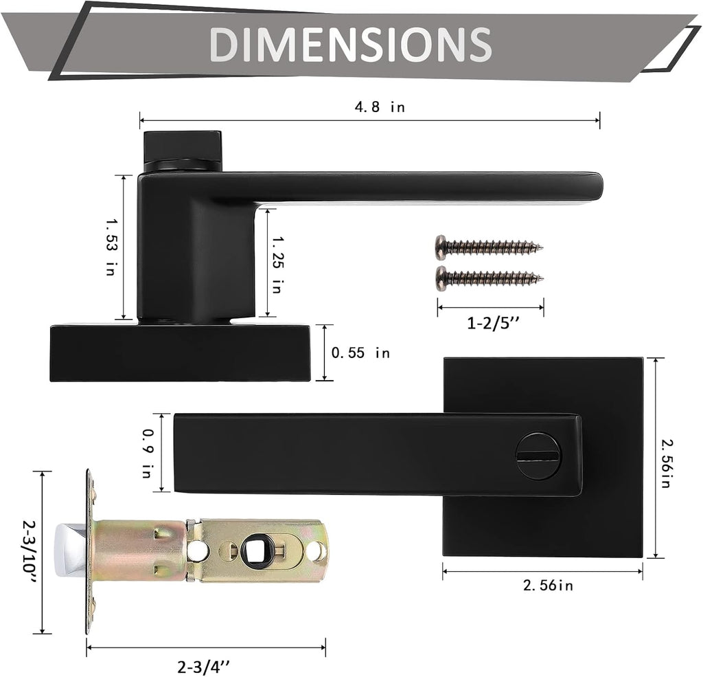 Probrico 8 Pack Square Privacy Door Levers Black Privacy Door Handles Lock Handleset Keyless Lockset Door Knobs Interior Handles for Bedroom & Bathroom