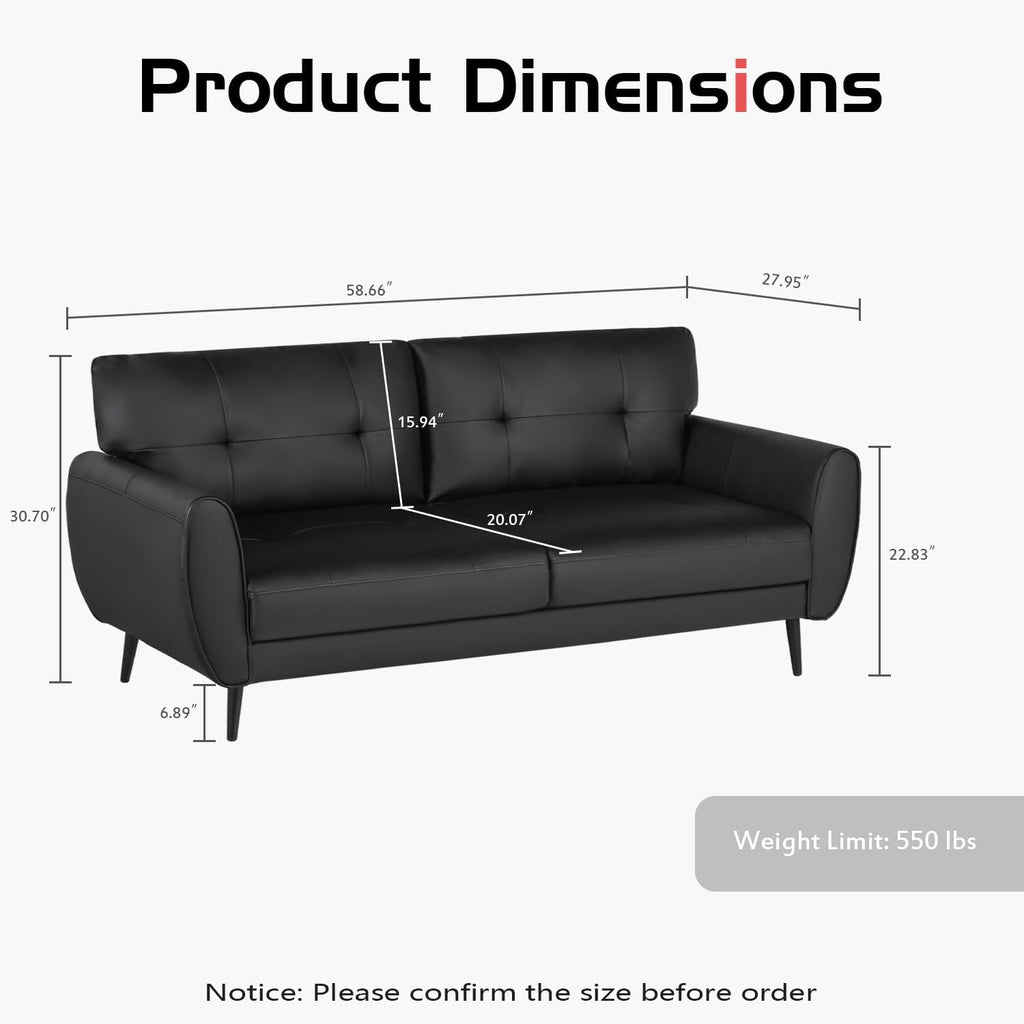 60' Loveseat Sofa for Living Room, Mid Century Mini Black Couch, Tufted Leather Love Seat Furniture, Comfy Office 2 Seat, Small Couches for Small Spaces, Bedroom, Apartment