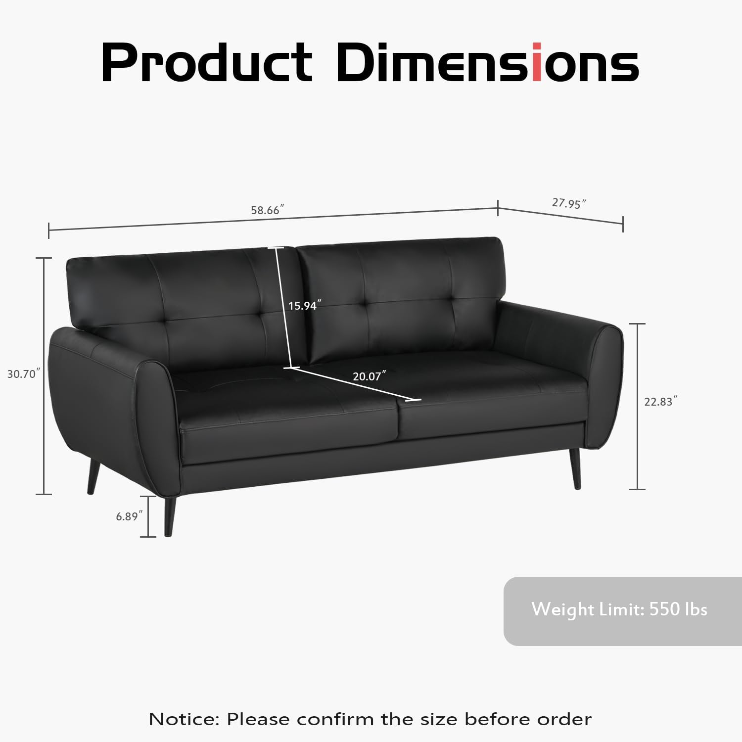 60' Loveseat Sofa for Living Room, Mid Century Mini Black Couch, Tufted Leather Love Seat Furniture, Comfy Office 2 Seat, Small Couches for Small Spaces, Bedroom, Apartment