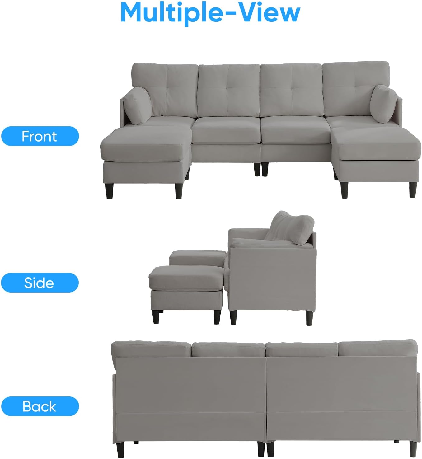 PUREMIND Sectional Home Sofa Living Room, Modern U-Shaped Sofa Couches with Double Chaise, Upholstered 4 Seater Sofa for Living Room, Apartment, Light Grey