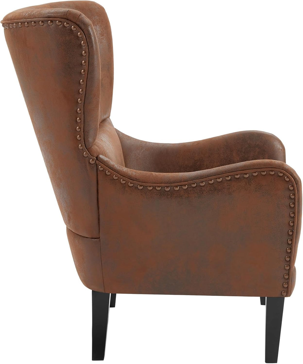 Mid-Century Modern Accent Chairs, 27' Wide Wingback Club Chair with Nailhead Trim, Fabric Reading Living Room Side Chair, Faux Leather Armchair Sofa