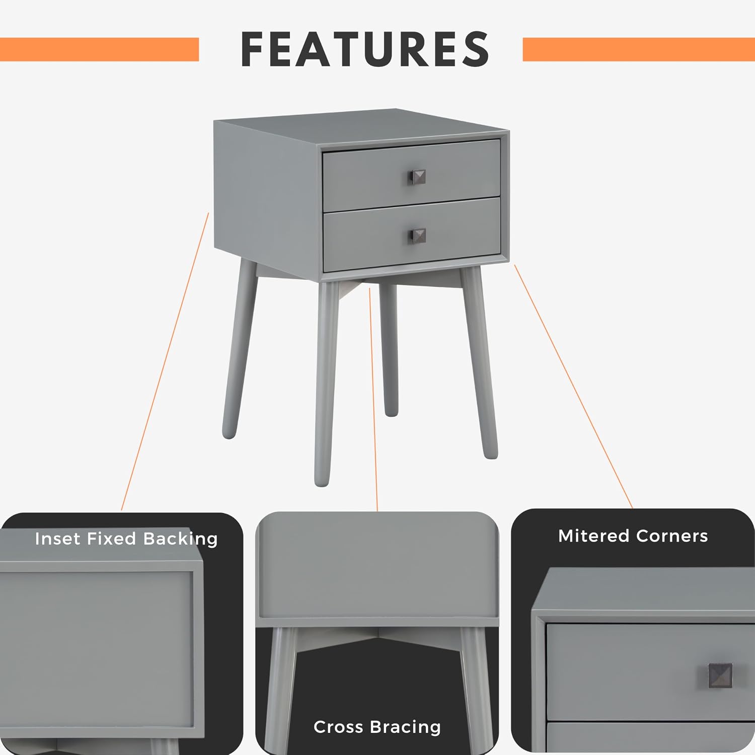 24/7 Shop at Home Goerge Mid-Century Modern Nightstand, Solid Rubber Wood Dresser, Small Bedside Tables with 2 Drawers, with Tapered Legs for Bedroom, Living Room, Home Office, Gray