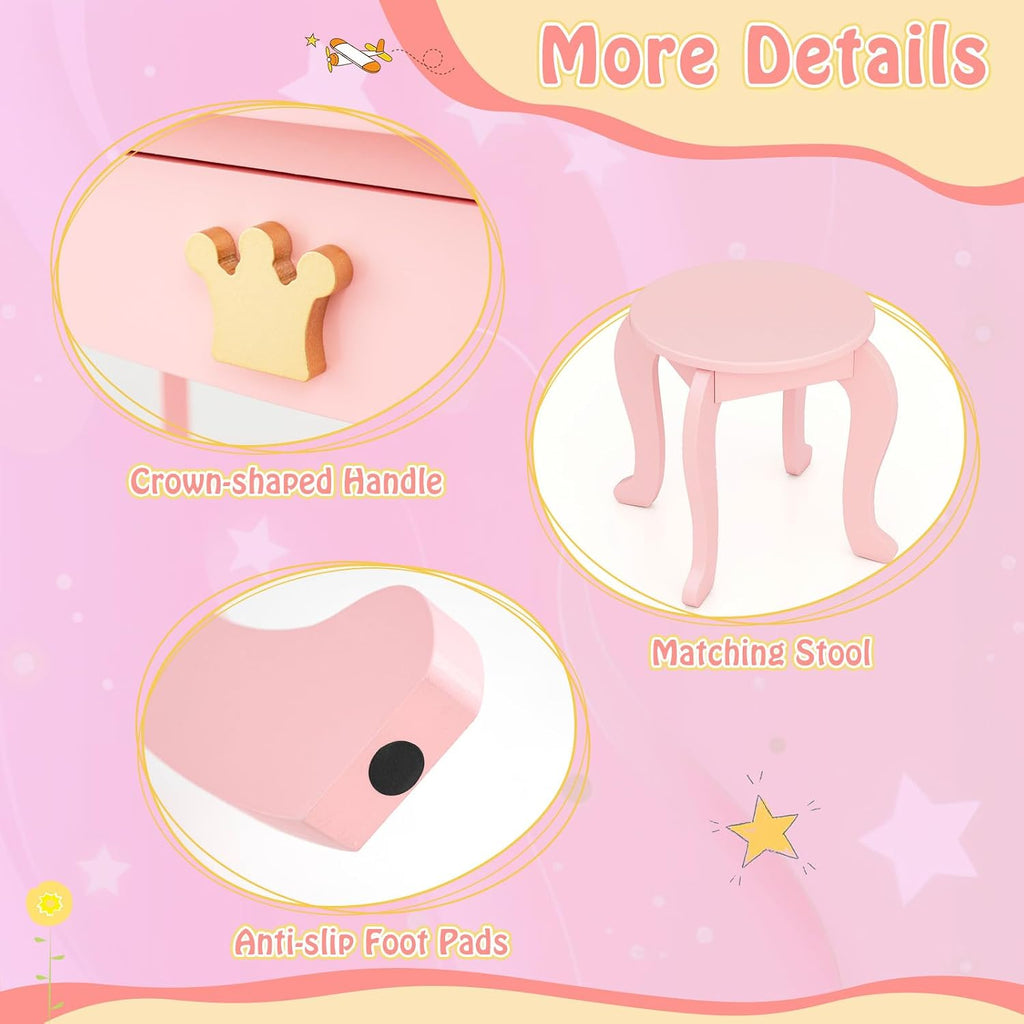 HONEY JOY Kids Vanity with Lights, Crown Girls Vanity Set with Mirror and Stool and Lights, Toddler Vanity, Wooden Makeup Table for Little Girls, Pretend Play Kids Vanity Table and Chair Set(Pink)